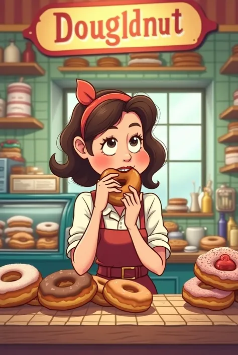 Exaggerated funny image 、 I found 、Cute female clerk at a doughnut shop secretly eating doughnuts。