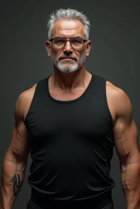 a man of apparently 55 years old,  slightly overweight , long nose, pele morena, prescription glasses, wearing sportswear and an open black vest, no beard and no mustache, black eyebrow, with short and gray hair,