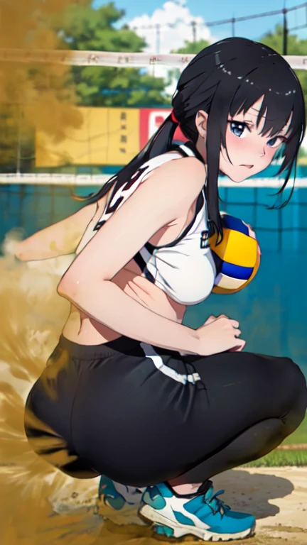 2 Asian girls, group of anime girls,  desperate to poop, farting while squatting down, farting while playing volleyball, wearing volleyball sports outfit, stomach bloated, hands pulling pants up, pained expression, shocked and embarrassed, eyes forced clos...