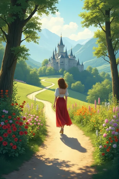 Create an image of a woman walking on a dirt road with flowers and trees on the sides of the road heading towards a castle in the mountains. 