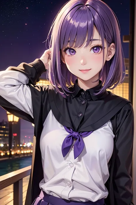 ( Best Quality, Hi-Res,8k,inelity detailed background, Masterpiece:1.2), Beautiful Girl,( glossy purple hair :1.3),(long hair:1.2) ,bob cut,Beautiful purple eyes,autumn,school uniform,black cardigan,skirt,black tights,(zettairyoiki:1.2),Gentle look,A refre...