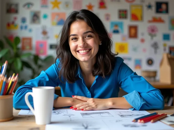 A young woman with shoulder-length dark hair smiles at the camera while sitting at a creative workspace. She wears a bright blue shirt and leans forward over a table filled with art supplies, including pencils, sketches, and a cup of coffee. The background...