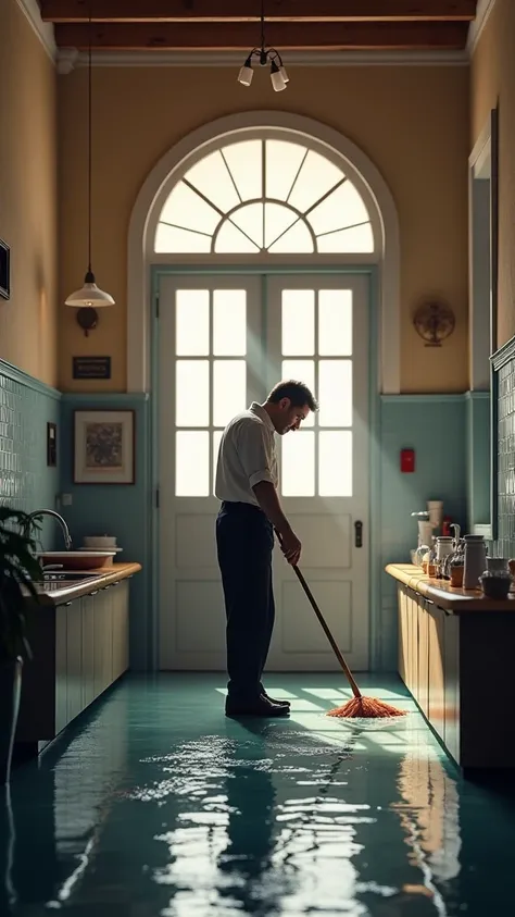 Make the floor just wet and the same man is cleaning it