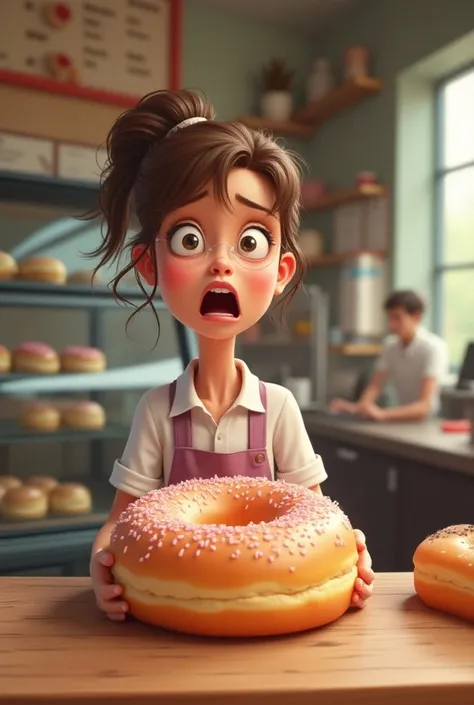 Exaggerated funny image 、 From our customers「 a cute female clerk at a doughnut shop who is 、Is it a new product ？」 in trouble 、 is this doughnut。