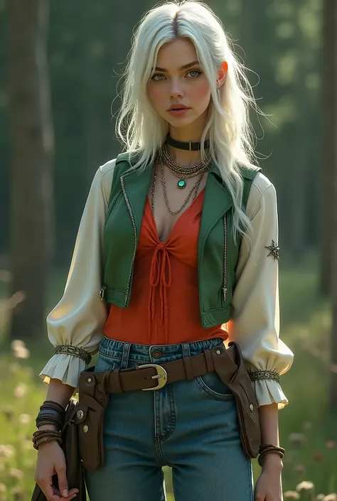 A blonde hunter, almost white but bright, blue eyes with green eye background,  white skin long hair with beautiful hairstyle, with a long blouse with ruffles on the long sleeves, a red blouse and a stylish green women&#39;s vest and large jeans with elast...