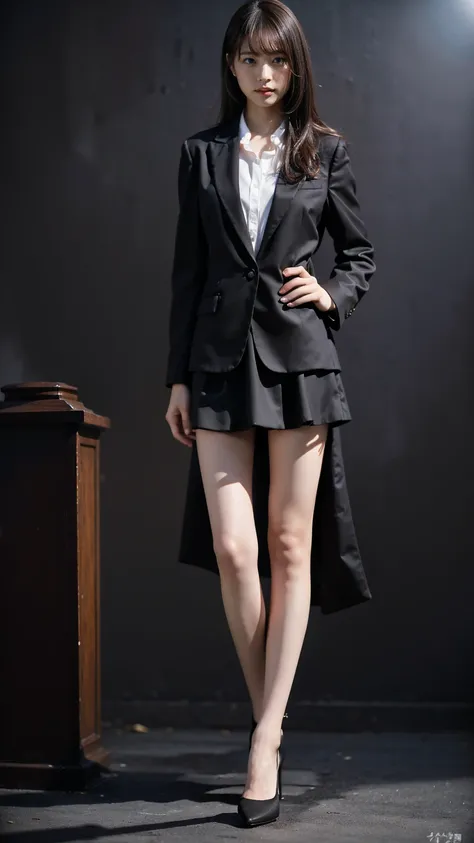 (8k、 RAW Photos、Best Quality、masterpiece:1.2)、(Realistic、Realistic)、1 person、(( long coat、 black suit with urn、 white shirt 、 mini skirt、 High Heels Pumps 、whole body、  standing with hands on hips )、cute