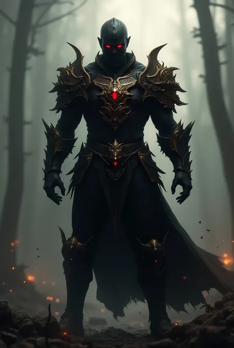 Dark warrior with red eyes and black and gold armor