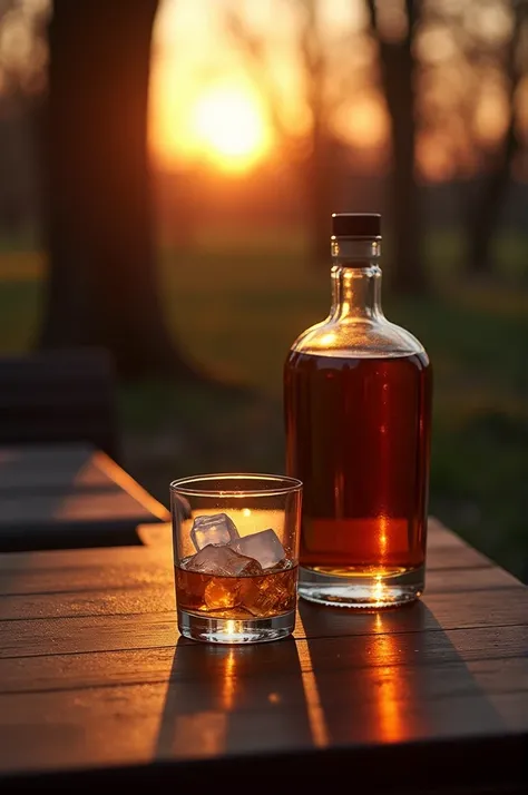  Create a scene at dusk showing a whiskey glass with ice, placed on a wooden table . next to the glass,  an elegantly placed whiskey bottle .  The soft light of the sunset illuminates the table ,  creating warm reflections on the glass of the cup and the b...