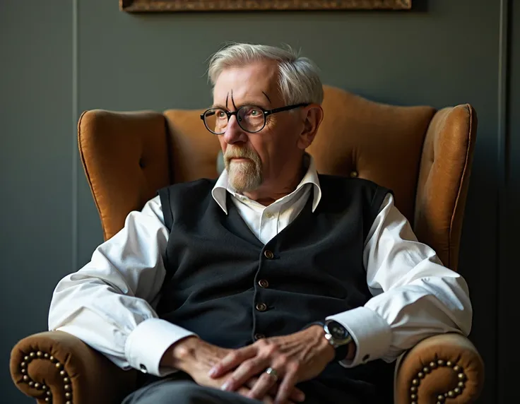 portrait of old man sitt on old chair, wearing glasses, black Vest with white shirt
