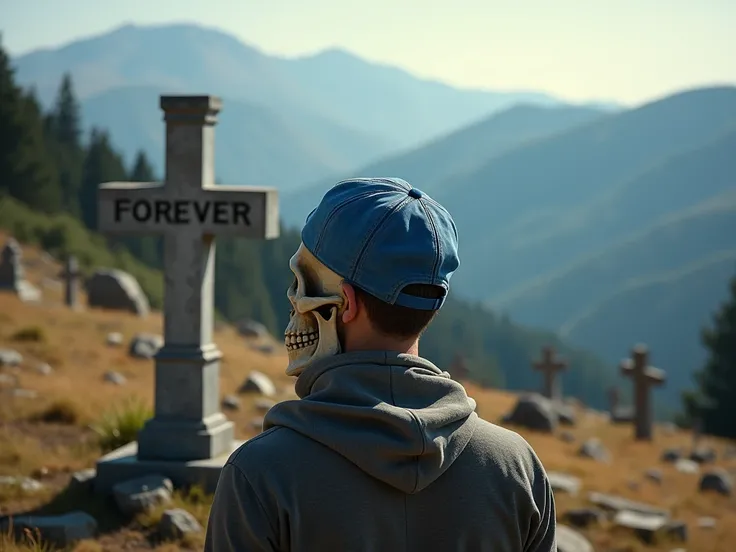 A grave where it says “Forever” in a cemetery on a mountain shining during the day and a man with his back the head of a skull covered by a blue cap that has a little bit of hair coming out under his cap and all around us looking at the grave and everyone ...