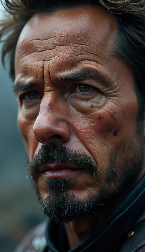 "Capture a close-up, emotional shot of Iron Man (Tony Stark) with tears welling up in his eyes, his expression filled with deep sorrow and regret. His iconic helmet is removed, revealing his face etched with the weight of loss and sacrifice. His well-groom...