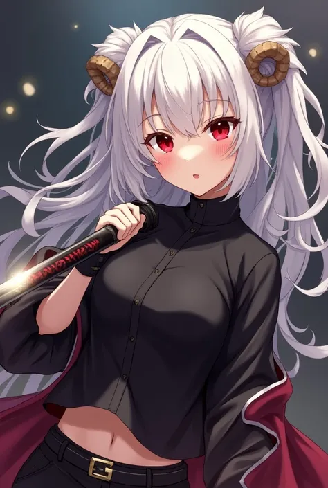 One older sister model, she has white double sheep hair, she has red eyes, she is holding, wearing a short black turtleneck, she is wearing a mercenary dress shirt and she is holding a sword Anime