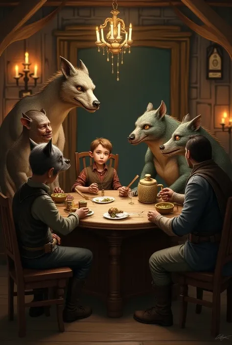  A boy mixed with a wolf sitting at a tavern table with a dragon man, a man bear , An elf, An elf,  a bard and a horseman 
