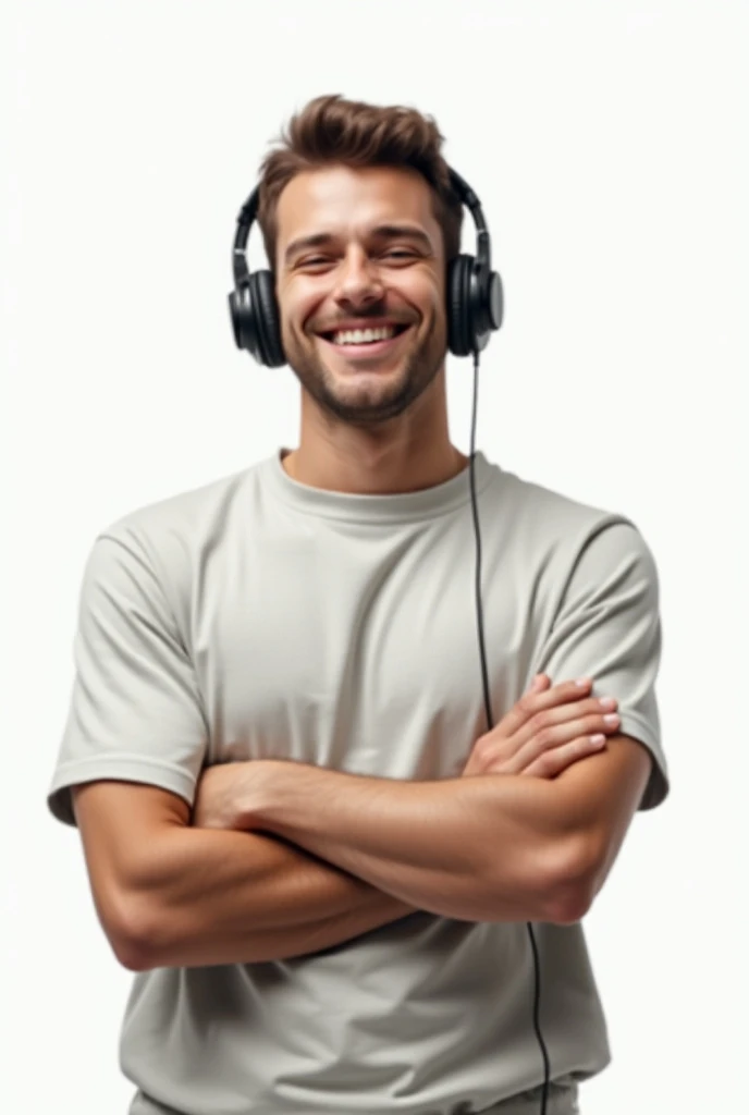 A happy man with headphones crossed arms and white background