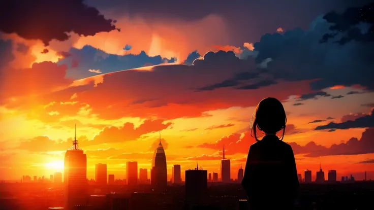 anime, (silhouette),1girl, star (sky), cloud, cityscape, building, city, outdoors, skyscraper, city lights, night, night sky, sunset, skyline