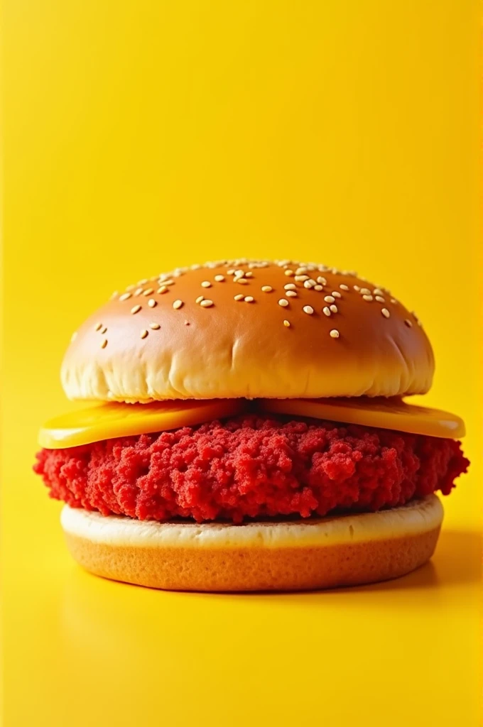 A chicken fillet burger the fillet coating red crumbs and the bun is simple with yellow background theme