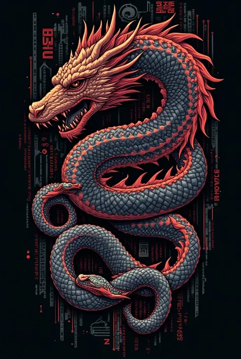 Create an image to tattoo a dragon representing Kali Linux and two separate snakes representing Python with technological and computer details