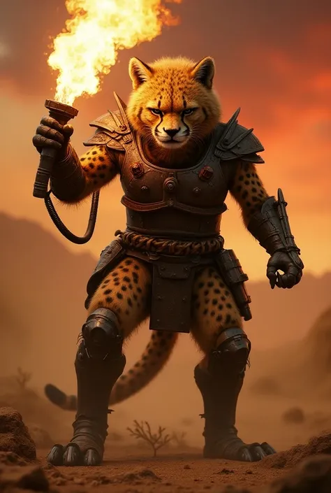 Furry cheetah with flamethrower and iron armor,Mad Max Style