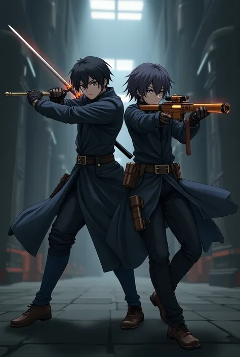 Two characters with Action pose, hall ,dark hall, anime, rifle,sword,duo pose
