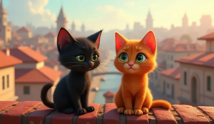 In the Pixar style, Nina, a beautiful kitten with green eyes and expressive feline black fur, found Luke to be a very happy and curious kitten, cute and furry with orange fur and his eyes were green, expressive feline features, expressive felines. They are...