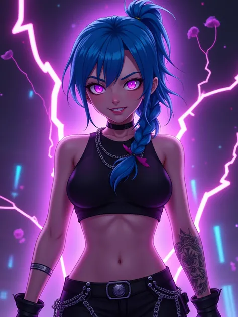 (score_9, score_8_up), "Cyberpunk female character with braided blue hair glowing in neon lights, smirking with a mischievous expression, wearing a sleeveless black crop-top, gloves, and dark pants with metallic accessories. Her eyes emit a powerful neon p...