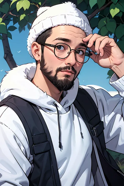 man, 40 year old, reverse cap, eskimo, short beard, round glasses