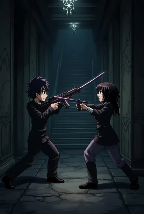 Two characters with Action pose, hall ,dark hall, anime, rifle,sword,duo pose, horizontal 
