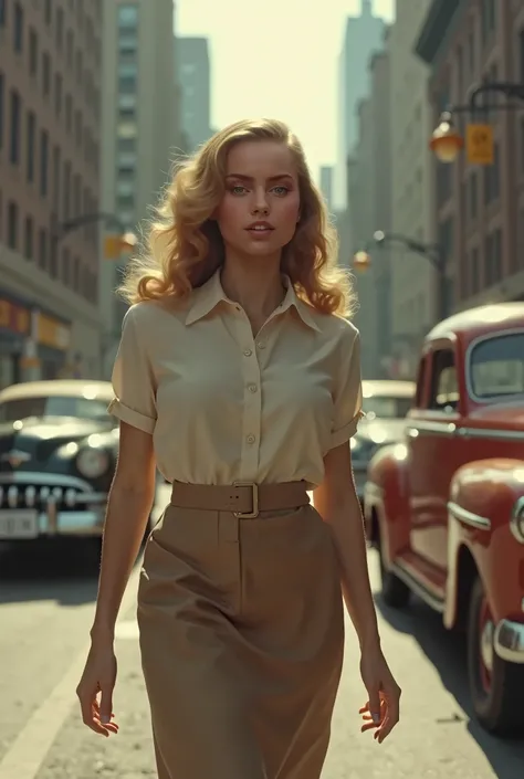 top quality,  old girl from 1950s middle class New York walking down the street, slim build, thin and pale skin, grey eyes, round shoulders and large breasts, long thick wavy blond hair, on a 1950s New York street