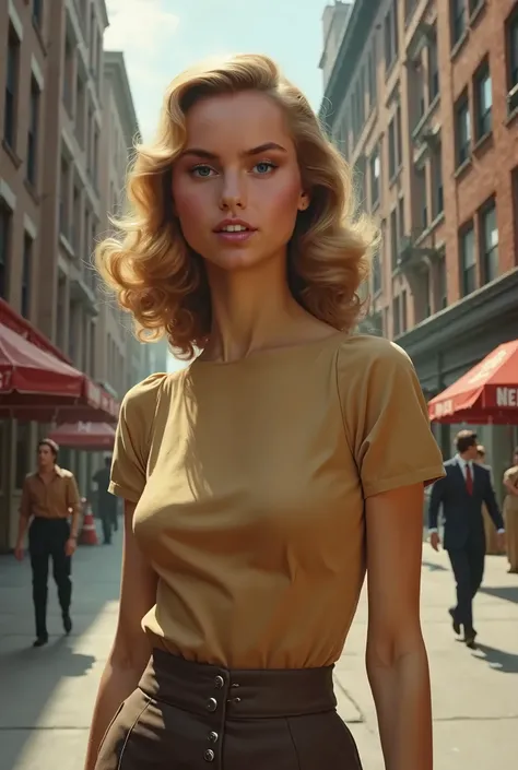 top quality,  old girl from 1960s middle class New York walking down the street, slim build, thin and pale skin, grey eyes, round shoulders and large breasts, long thick wavy blond hair, on a 1960s New York street