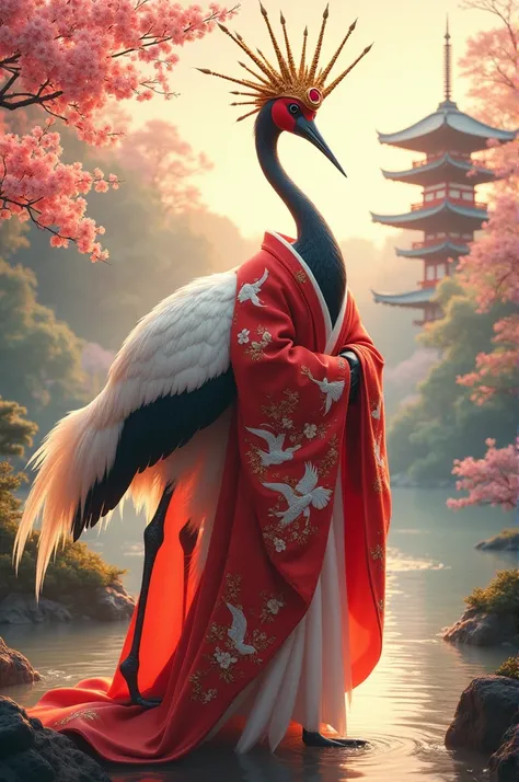 "Create a full-body shot an hot anthropomorphic red-crowned crane, the elegant queen of Japan, embodying grace and tranquility. Her attire is inspired by traditional Japanese garments, a flowing silk kimono in shades of white and
crimson, embroidered with ...