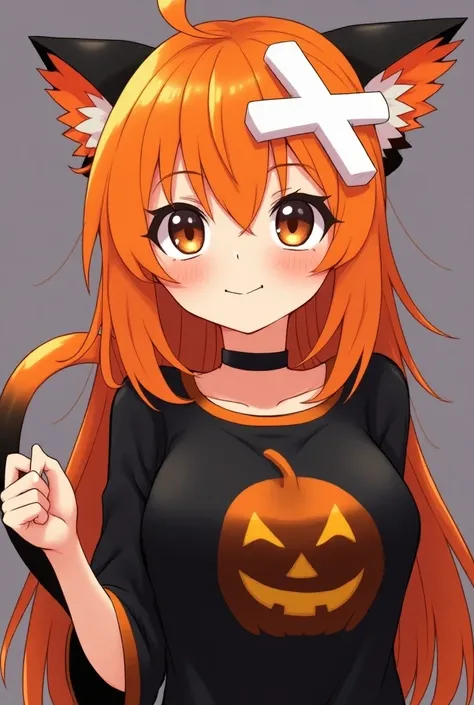  Anime lady cat ,  orange hair and colored hair 
hitan,
 Eyes are black and orange  
,happy face , black and orange tail  , wear long black and orange Helloween shirt,Helloween pumpkin face logo is orange  ,in the middle of the hair there is a large X logo...