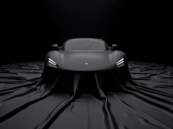 sport car covered by black satin car wrap for presentation,the edges of the bedspread lie beautifully from car to the floor, black background, wide view, cinematic