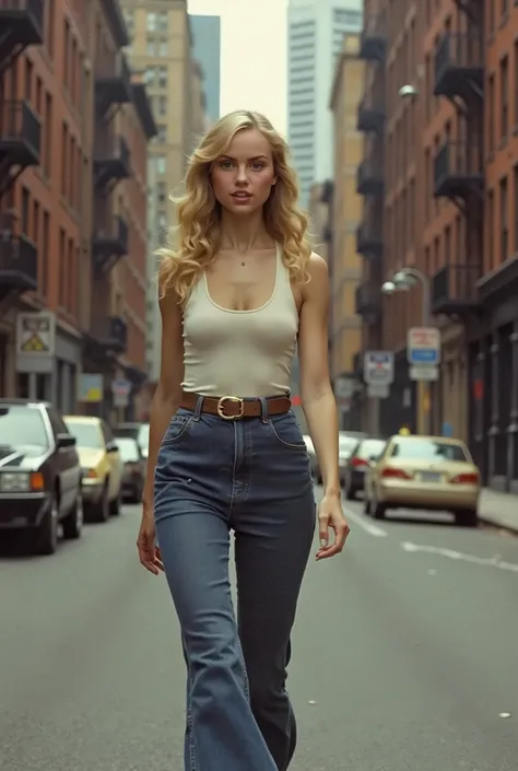 top quality,  old girl from 1980s middle class New York walking down the street, slim build, thin and pale skin, grey eyes, round shoulders and large breasts, long thick wavy blond hair, on a 1980s New York street