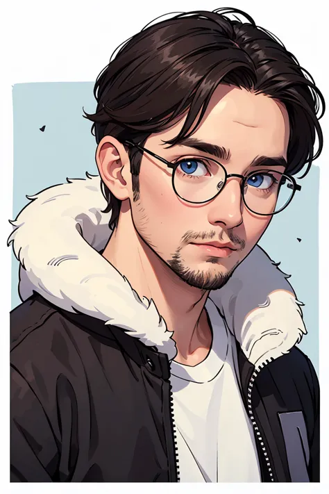 man, 40 year old, blue eyes, brown hair, reverse modern cap, eskimo, short beard, round glasses