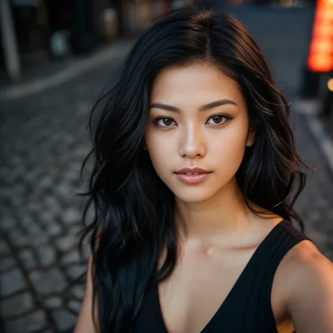 arafed woman with black hair sitting on the beach, flowing black hair, with black hair, photo of a beautiful woman, long flowing black hair, pink golden hour, curly black hair, beautiful young asian woman, beautiful asian woman, wild ginger hair, pink wisp...