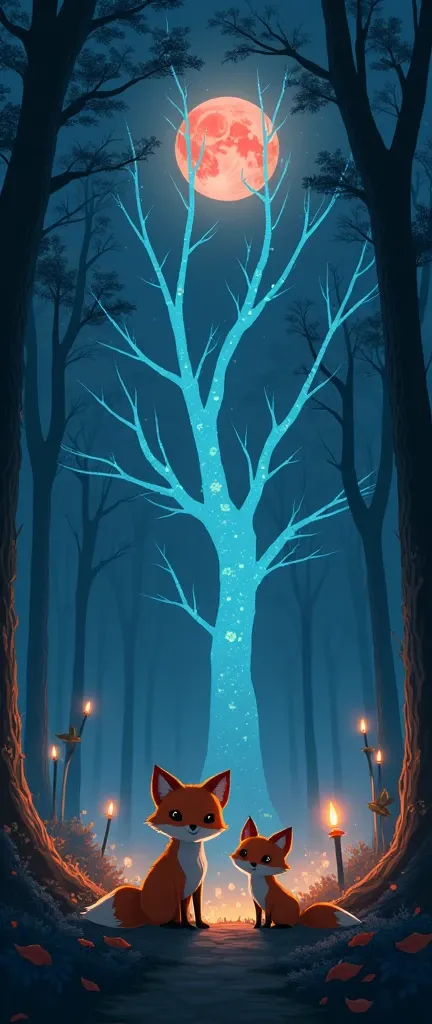 a Little fox and his s standing in the middle of a forest with a glowing tree in the background anime style,, dark atmosphere, night, moonlight, candles, blood moon 