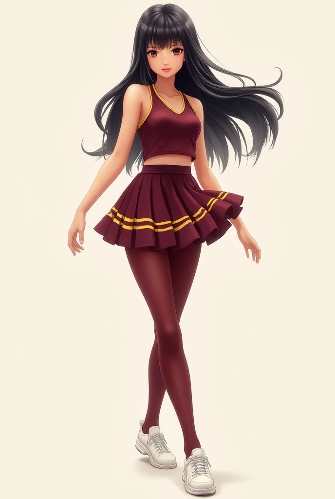 Images of a beautiful animated girl ,  long hair ,  sportswear blouse and pleated skirt in wine color,  with yellow stripes and wine-colored tights ,  white shoes 