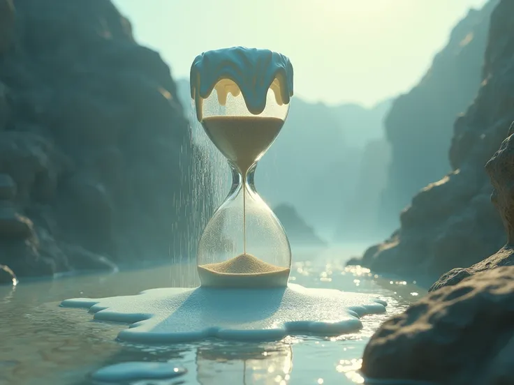 Visual metaphor of time, sand clock melting into waterfall, abstract concept.