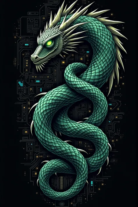  Create a detailed and dark tattoo design where a dragon symbolizes a dragon Kali Linux,  with an elegant and powerful appearance ,  in black or dark gray , with bright eyes. Surrounding the dragon ,  includes two intertwined snakes that represent Python ,...