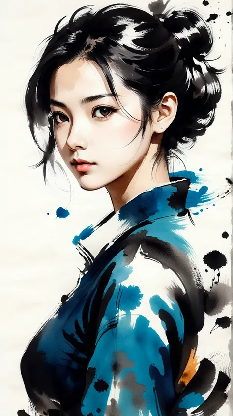 1girl, solo, looking at viewer,  sumi-e, masterpiece,best quality,extremely detailed,fine details,official art,unity 8k wallpape...