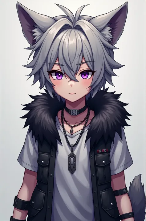 A hybrid boy with slightly messy short hair in gray ,  with purple eyes and small, pointed ears like those of an elf .  He also has furry wolf ears with human features and small sharp claws , as well as some small fangs slightly stacked .  He wears a long-...