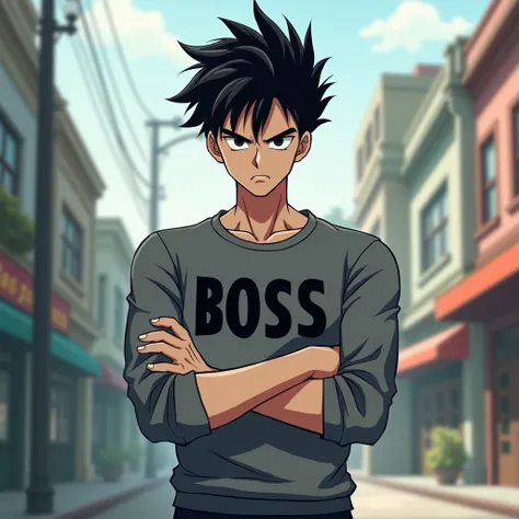  Create a 19-year-old man who has short black hair and black eyes and a serious face he is thin and has a black eyeshadow and a gray long sleeve shirt and on the shirt written BOSS in black and the setting of the city of the day he is in a confident pose
D...