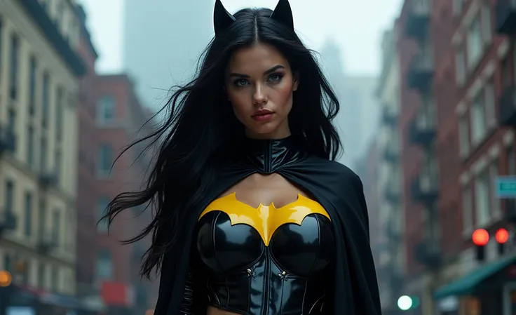  Create a realistic image of a 30-year-old woman ,  long black hair,  wearing a neckline top   ,  big boobs with silicone  , Belly a shows off little trincadinha   ,  blue eyes, Cheekbones, ((  full body )),Disguised background image wearing Batgirls unifo...