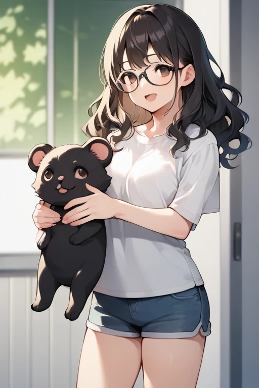  score_9,  score_8_up,  score_7_up, Anime BREAK，High image quality， a very young girl ， short stature ， toddler figure ，Make a girl with brown eyes , Black fur, Wearing glasses, Wavy hair, in、 with a hair tie on her right hand , black and white,  long shir...