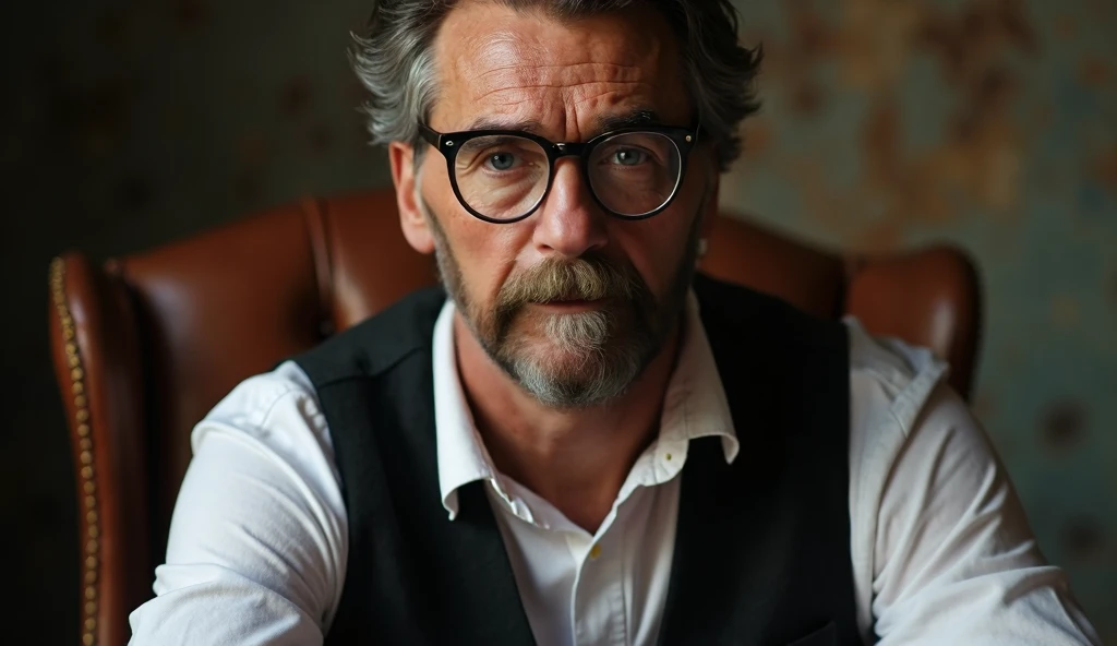 close up portrait of man sit on old chair, wearing glasses, black Vest with white shirt
