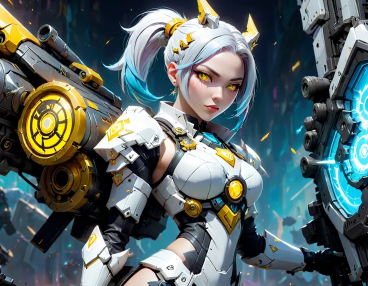 score_9, score_8_up, score_7, a picture of JInx from League Of Legends in a white mech armor holding a massive gun with yellow runes on it, anime