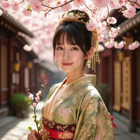 A portrait of an East Asian woman dressed in a luxurious, intricately patterned kimono, standing in a beautiful traditional setting filled with spring blossoms. The kimono is adorned with elegant gold embroidery and floral motifs in shades of green, red, a...