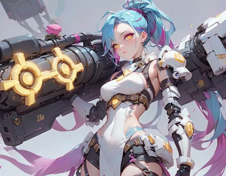 score_9, score_8_up, score_7, a picture of JInx from League Of Legends in a white mech armor holding a massive gun with yellow runes on it, anime