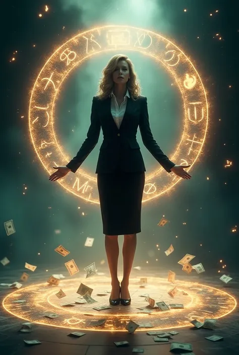  secretary wearing formal clothes , a glowing aura around her , inside a magic space circle with money