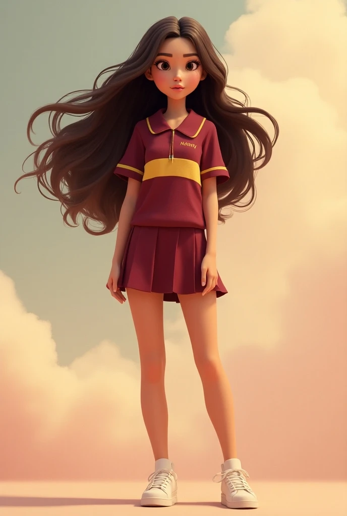  Images of a beautiful girl in Pixar style 3D ,  long hair ,  sportswear blouse and short pleated skirt in wine color, with yellow stripes and white shoes 